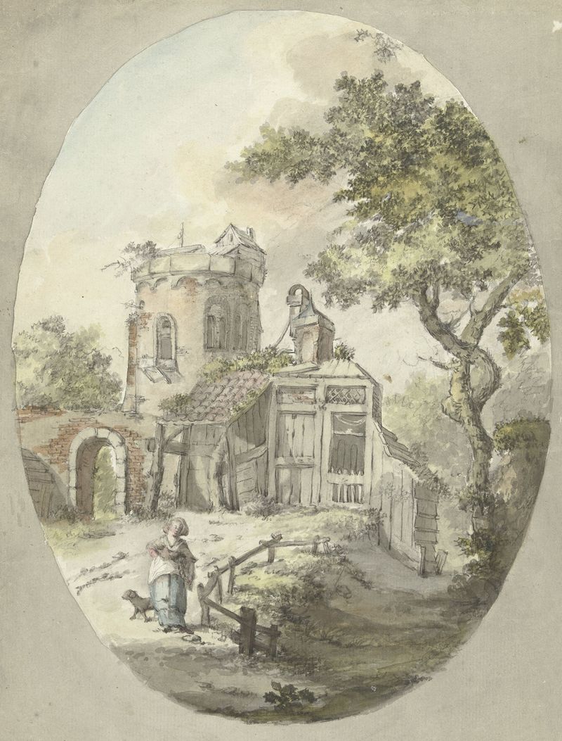 Figurative scene with a woman and dog near ruins, oil painting by Pieter Bartholomeusz. Barbiers