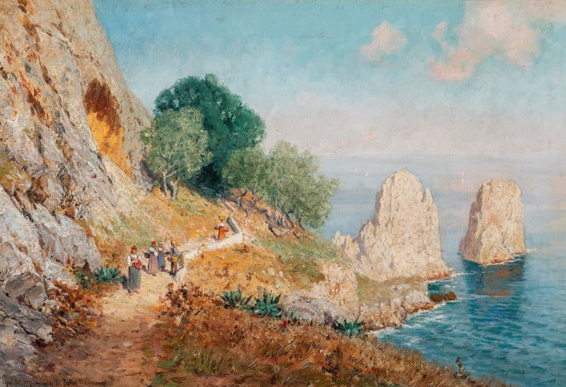 Vista dos Faraglioni, Capri, óleo sobre tela de Georg M. Meinzolt