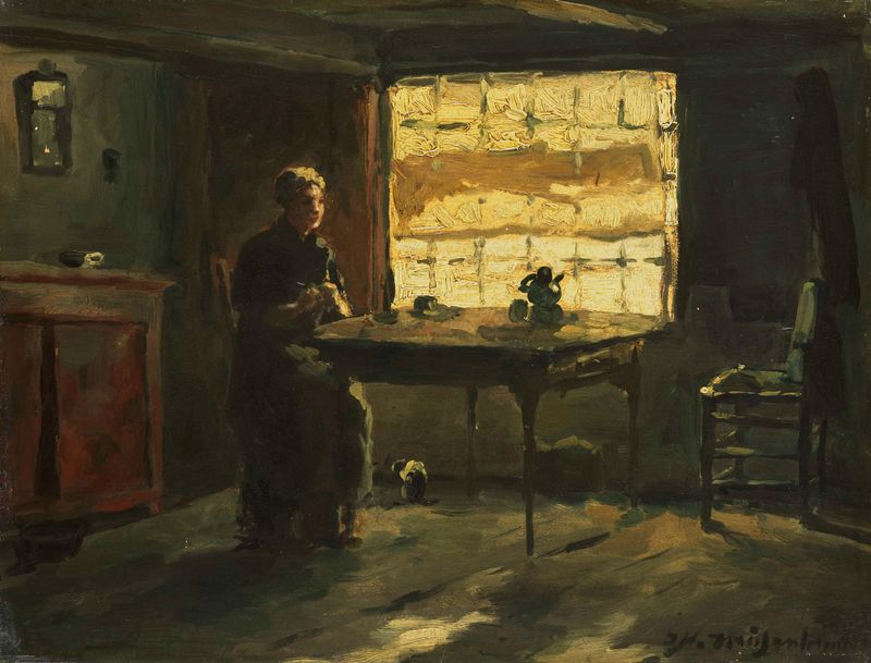 Cena interior com uma mesa de madeira e luz solar, óleo sobre painel de Johan Hendrik Weissenbruch