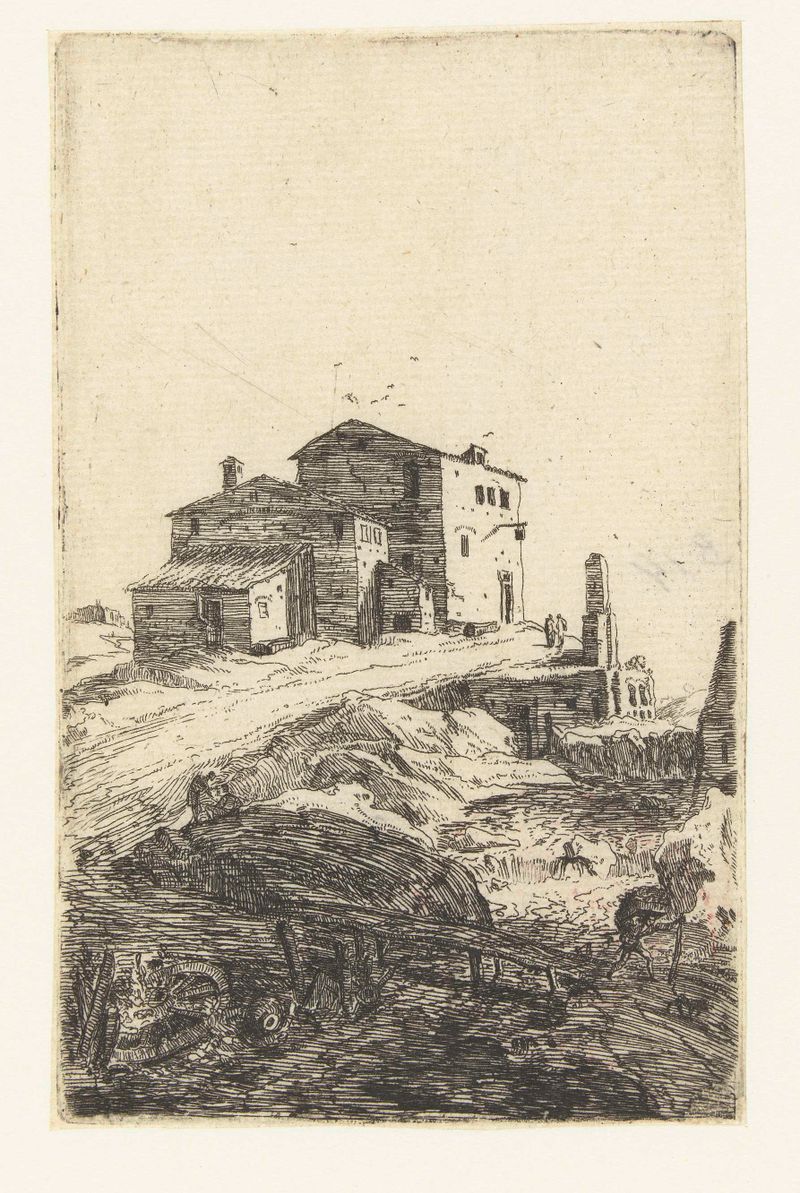 Etching by Bartholomeus Breenbergh depicting a rustic inn in the countryside.