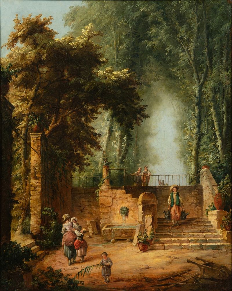 Fuente en un parque de Hubert Robert, estilo Rococó, con árboles y reflejos en el agua.