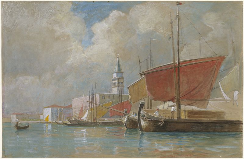 Shipping Along the Molo in Venice, oil painting by William Stanley Haseltine showing lively boats on water.