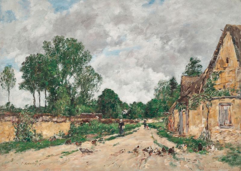 Oisème, Route de village de Eugène Boudin, óleo sobre lienzo que representa un camino rural con luz solar moteada.