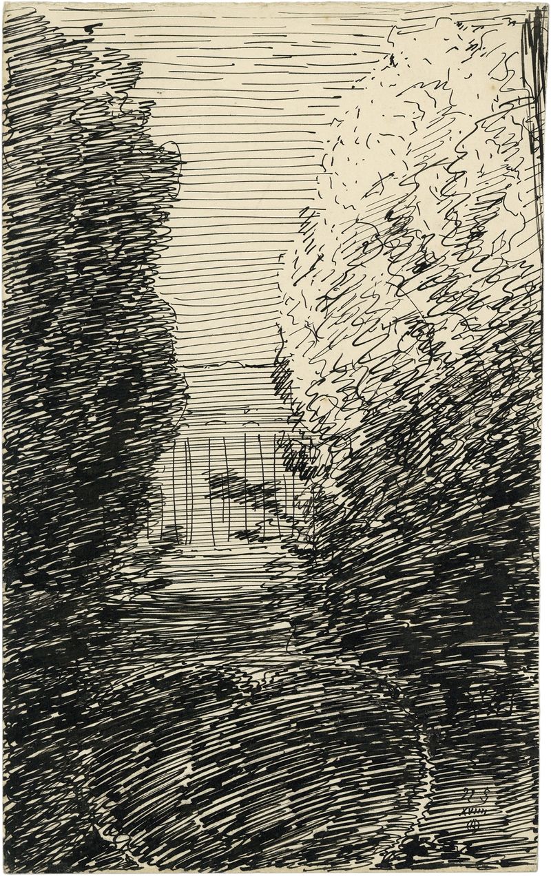 Litografía de Alfred Ost que representa un paisaje solitario con árboles.