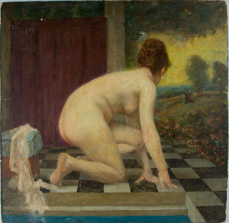 Susannah and the Elders by William Valentine Schevill, oil painting depicting a serene woman with elders.