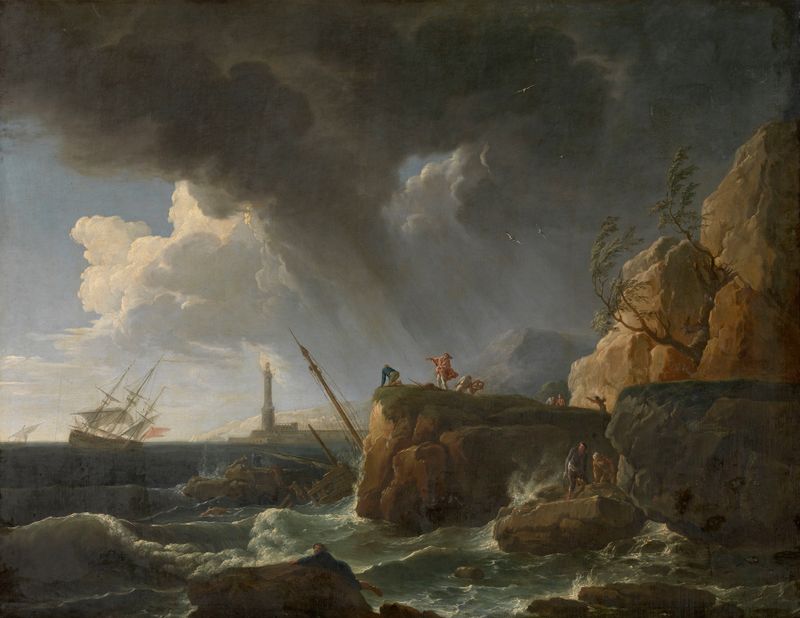 Seascape de Claude-Joseph Vernet, óleo sobre tela que retrata ondas suaves e um horizonte tranquilo.