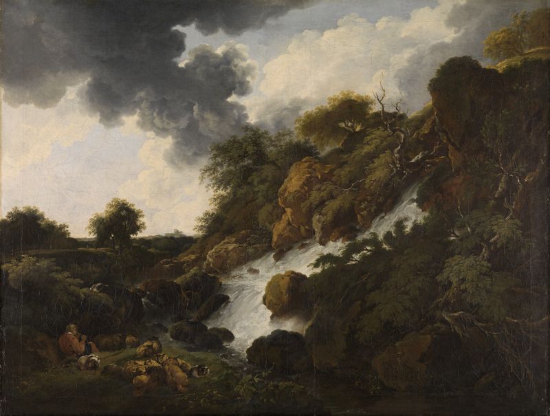 Landscape with waterfall and mountains by Ferdinand Kobell, oil painting