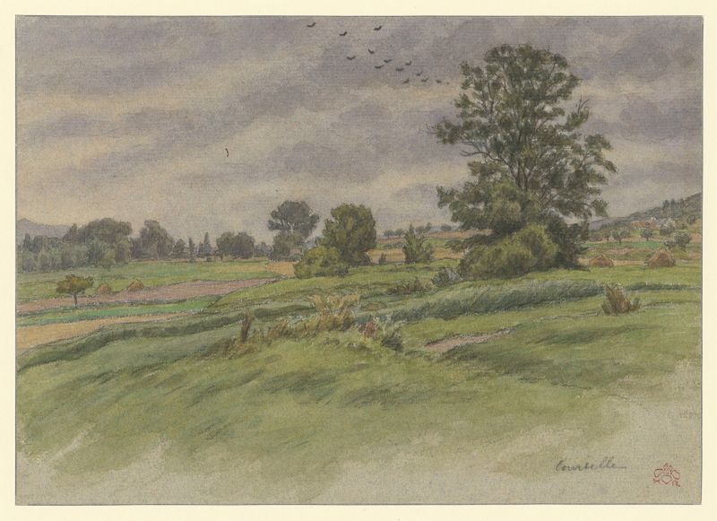 Litografía Courcelle de Henri Rivière que representa un paisaje fluvial con remolinos azules y verdes.