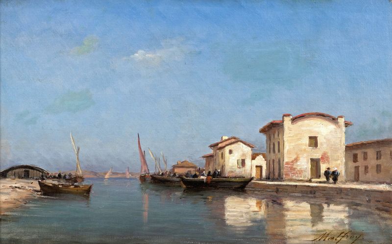 Kanal bei Martigues by Charles Malfroy, oil on canvas depicting a tranquil canal with sunlight reflections.