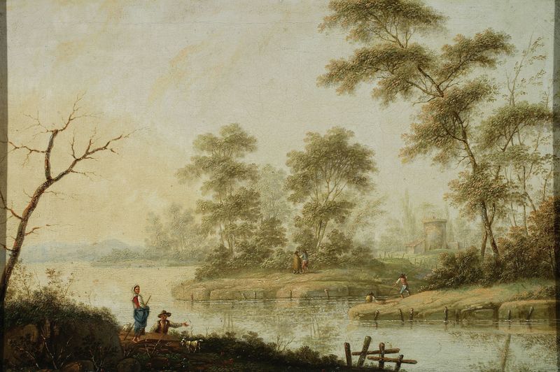 Paisaje – orilla del arroyo de Jan Ścisło, pintura al óleo que representa una serena orilla de río.