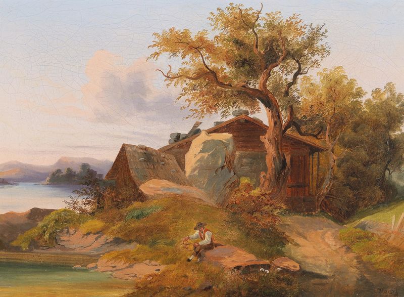 Resting By The Brookside de Anton Hansch, pintura al óleo que representa un arroyo tranquilo y la naturaleza.
