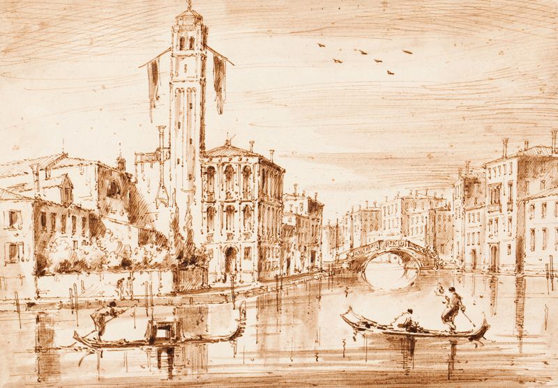 Paisaje de S. Geremia, Venecia de Giacomo Guardi, óleo con suaves azules y ocres cálidos.