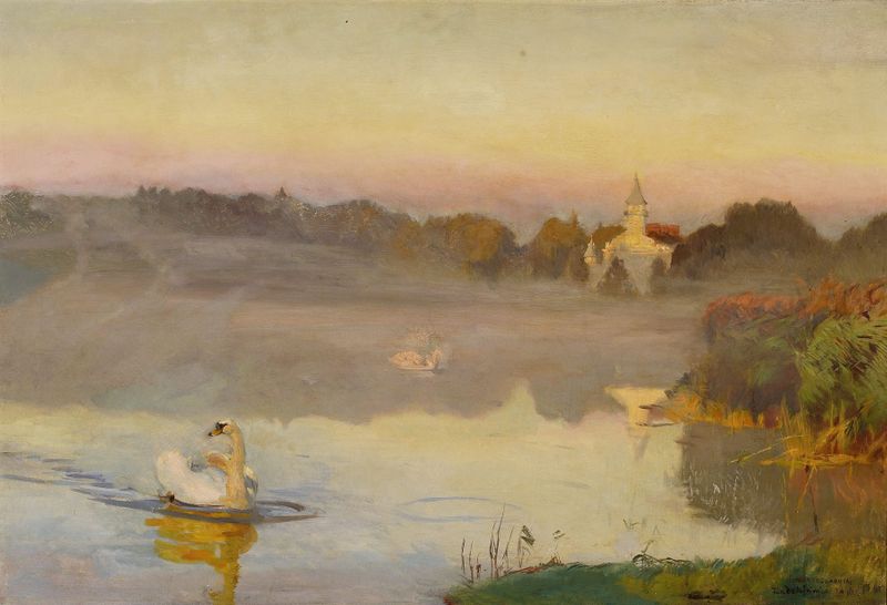 Pond in Radziejowice de Jozef Chelmonski, óleo sobre lienzo que representa un paisaje tranquilo con reflejos en el agua.