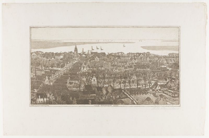 Topografische prent van Monnikendam de Wijnand Otto Jan Nieuwenkamp, meio desconhecido