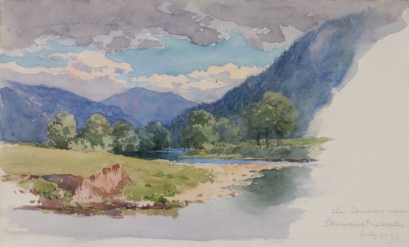 Paisagem representando o rio Conway no País de Gales, pintura a óleo de George Elbert Burr
