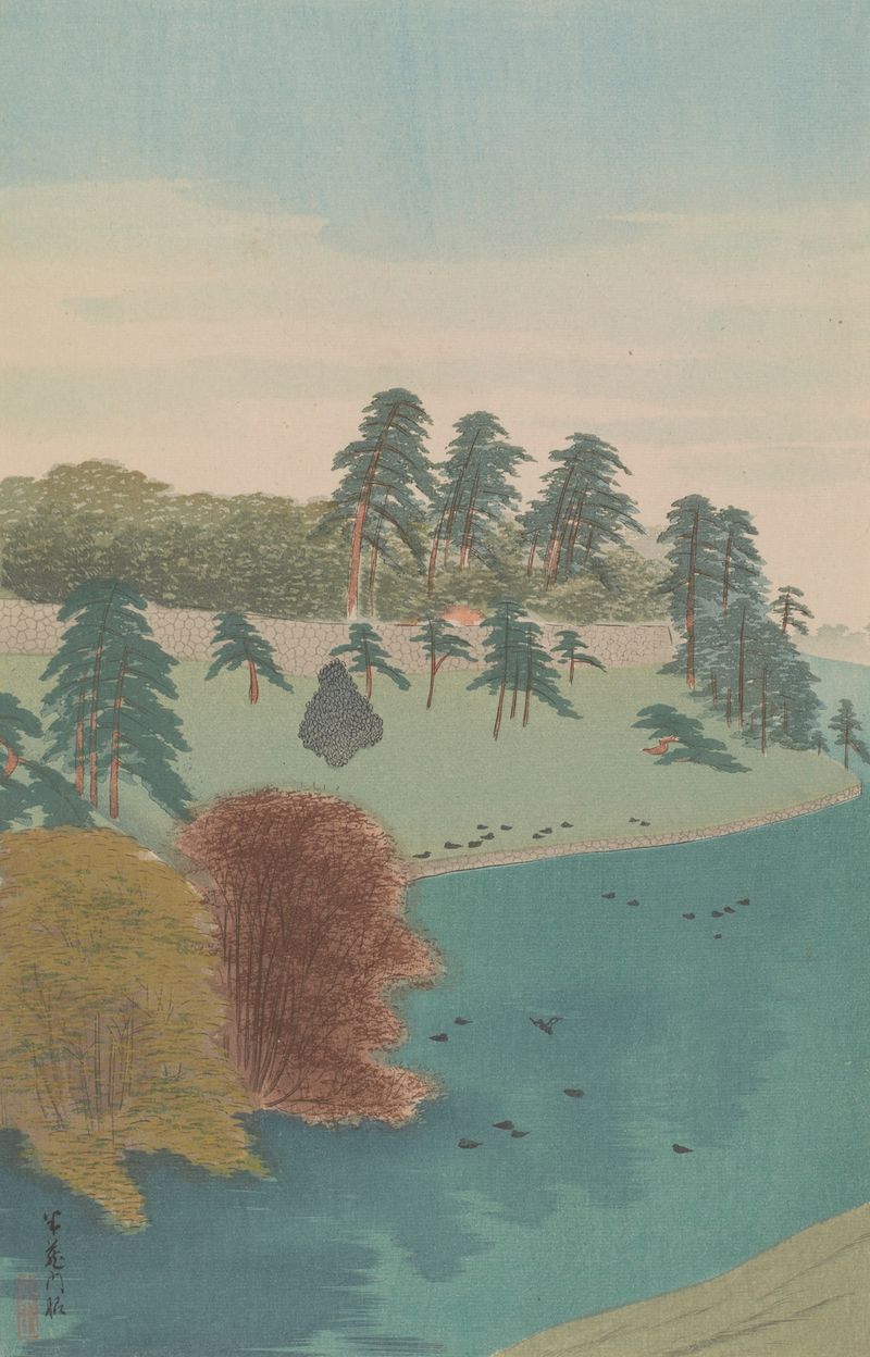 Landscape with hills and trees, ink on paper by Negoro Raizan