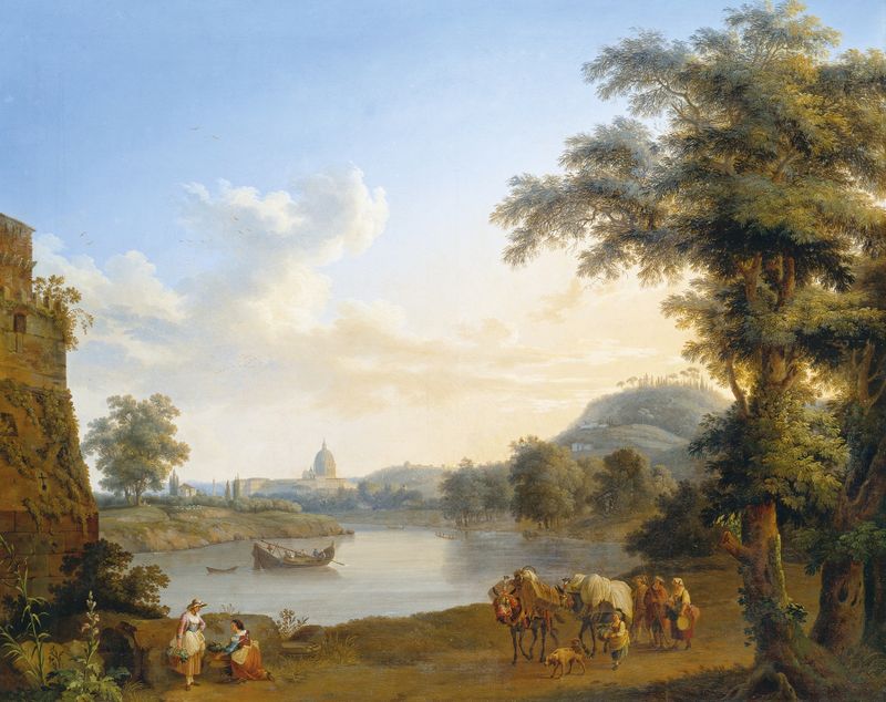 Vista de São Pedro em Roma de Jacob Philipp Hackert, óleo que mostra a cúpula e o céu.