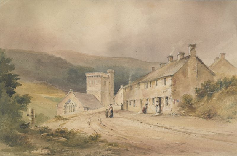 Landscape with Cottage and Church by Conrad Martens, oil painting of hills, a cottage, and a church.