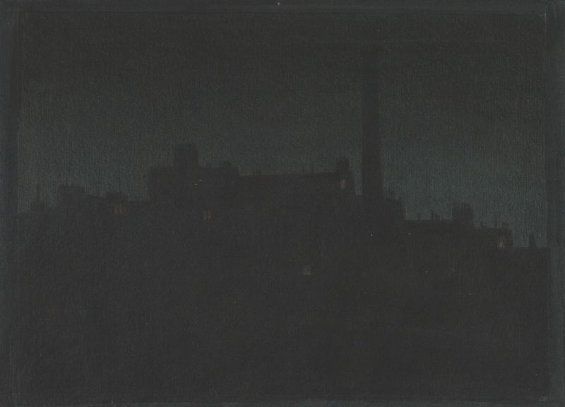 Industrial Buildings At Night by Herbert Crowley, modernism, depicting a night skyline with geometric forms and shadows.