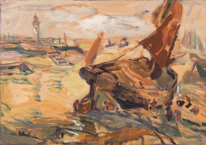 Segelschiff im Watt, pintura al óleo de Julius Seyler que muestra un velero en aguas poco profundas.