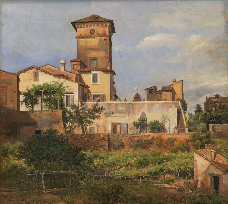 A Villa Malta, Roma de Johan Christian Dahl, pintura a óleo que retrata uma villa cercada por colinas exuberantes.