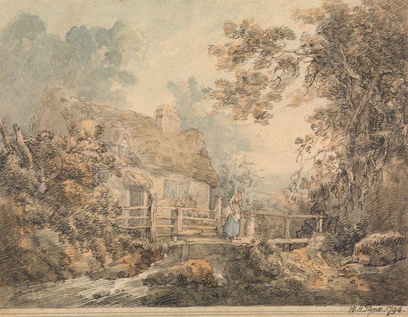 Cabaña y puente en acuarela de William Henry Pyne
