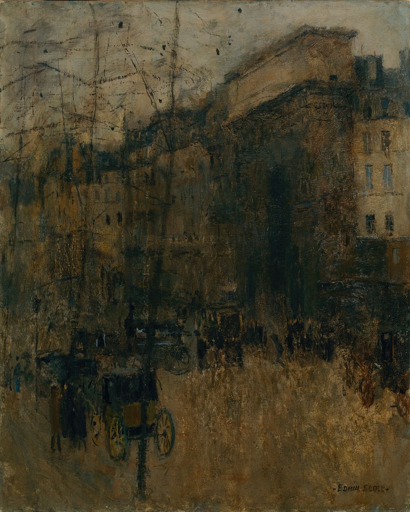 Porte St. Martin no. I de Frank Edwin Scott, óleo sobre lienzo que representa un antiguo arco de piedra.