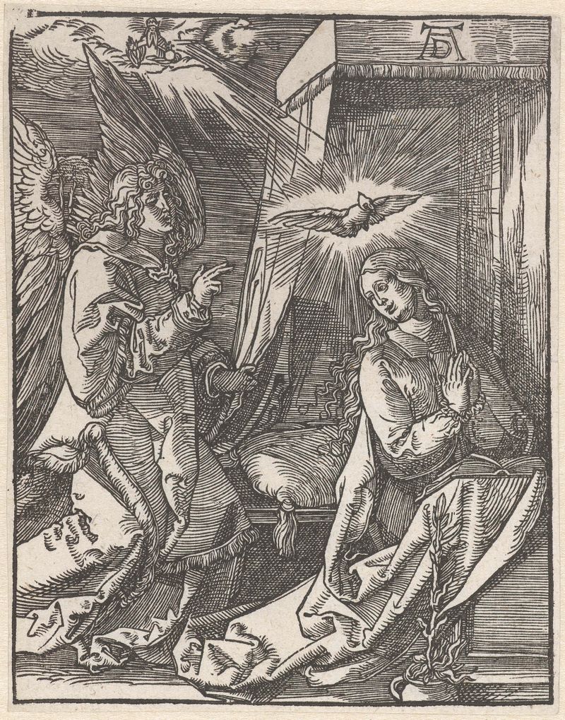 Dibujo religioso en papel de Johannes Mommard con un ángel y luz divina.
