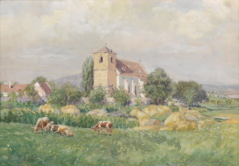 Architecture of Kirche in Staatz by Eugen Jettel, oil painting depicting a church at dusk