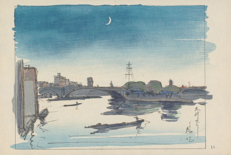 Ponte Tenjinbashi de Akamatsu Rinsaku, Ukiyo-e, retratando uma paisagem serena com água.