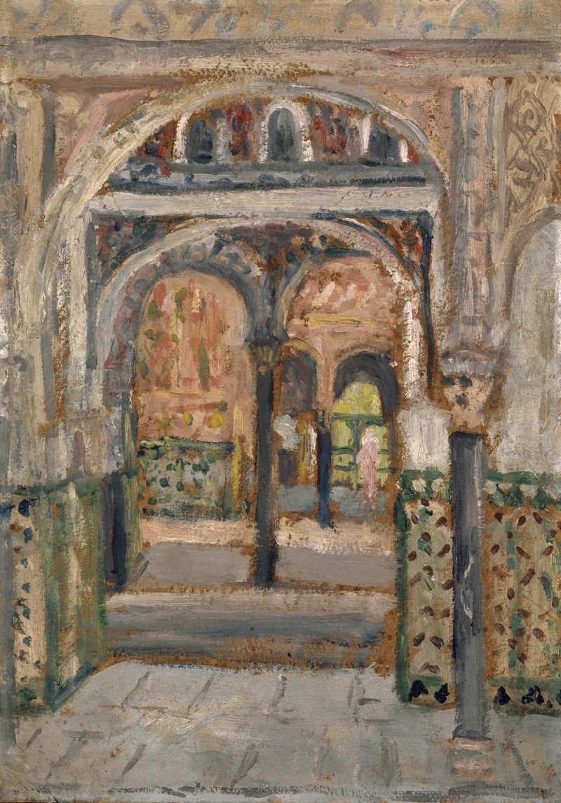 Escena interior con azulejos ornamentados y juego de luces, óleo sobre lienzo de Ernst Schiess
