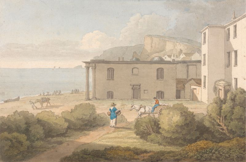 Watercolour by John White Abbott depicting a library with wooden shelves and books