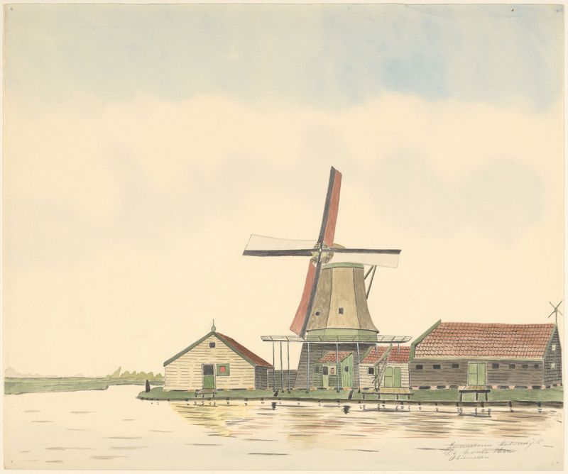Óleo sobre tela de Johannes Nicolaas Eijman retratando um moinho e um rio em uma paisagem rural