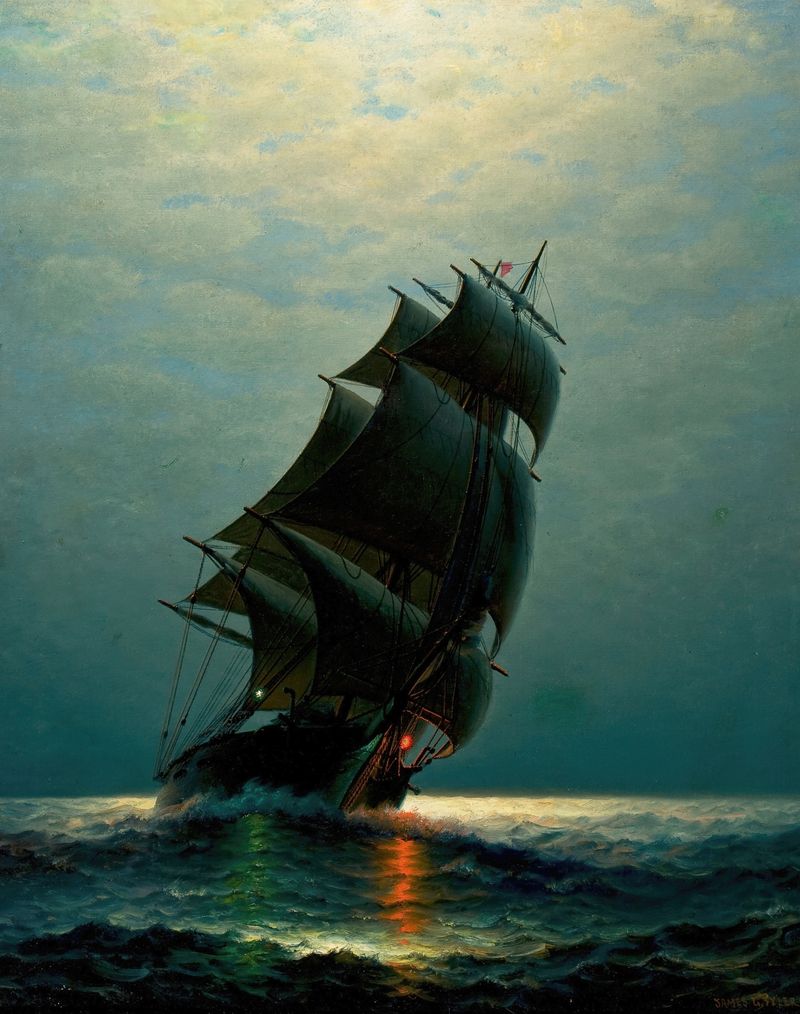 Ship in the Night by James Gale Tyler, oil on canvas, features a silhouette of a ship against a dark ocean.