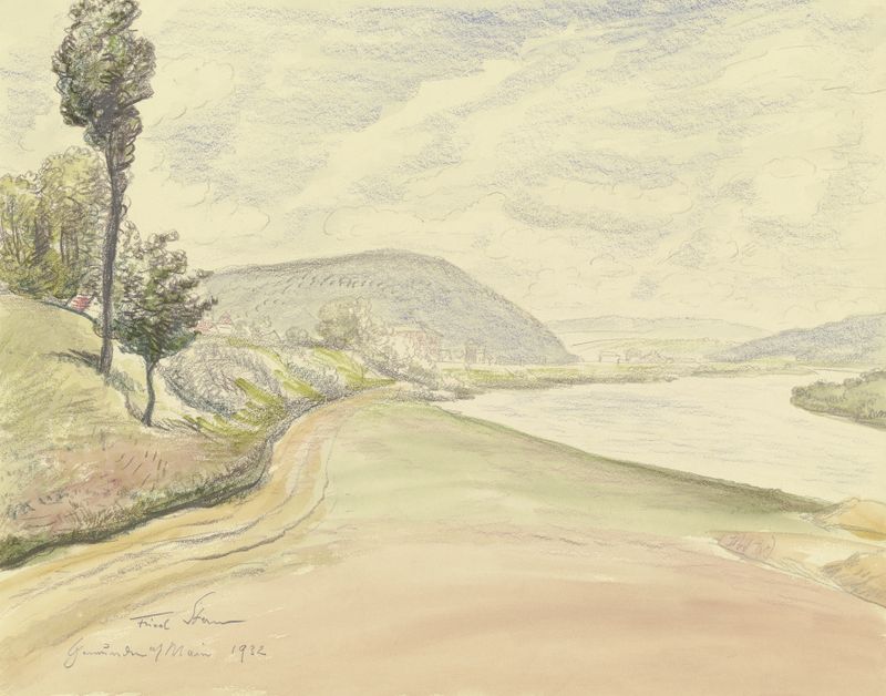 Gemünden am Main by Fried Stern, oil on canvas depicting a tranquil river landscape