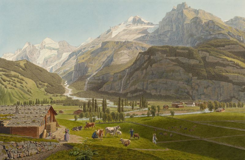 Oil painting by Johann Jakob Biedermann depicting mountains and a valley.