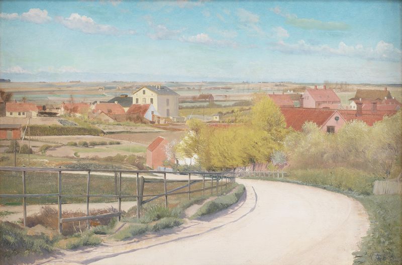 Oil painting by Laurits Andersen Ring depicting a tranquil road in Zealand