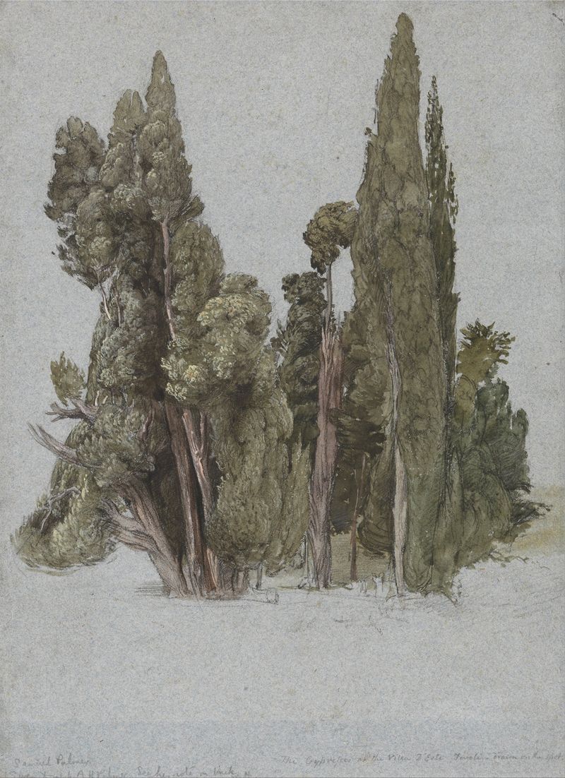 Acuarela de Samuel Palmer que muestra cipreses y una villa al atardecer