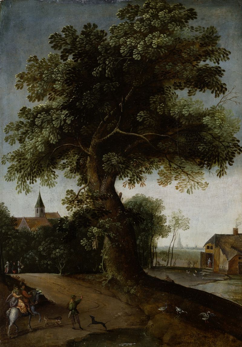 Landscape with Large Tree de Jacob Grimmer, pintura a óleo com uma grande árvore em uma paisagem tranquila.