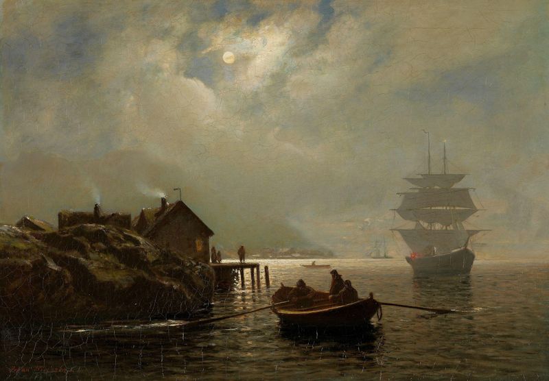 Moonlight de Johan Nielssen, representando un paisaje tranquilo con agua y estrellas, pintura al óleo