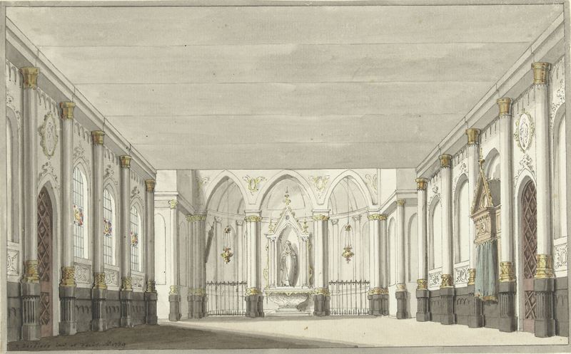 ink on paper work depicting a church interior by Pieter Barbiers