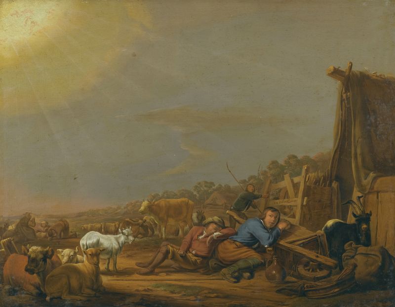 The Annunciation To The Shepherds, oil on canvas by Jan van Ossenbeeck, showing an angel and shepherds in awe.