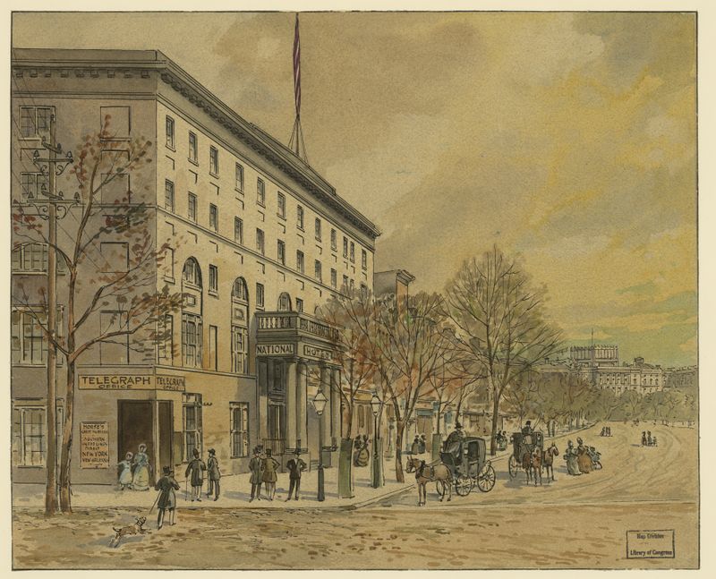Architecture scene featuring the Capitol and National Hotel by A. Meyer, 1860