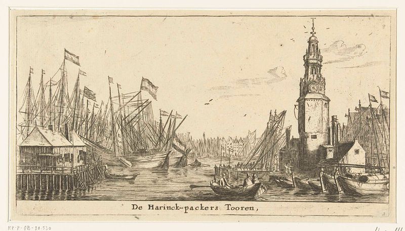 Grabado de Haringpakkerstoren por Reinier Nooms, que representa una torre contra un cielo apagado