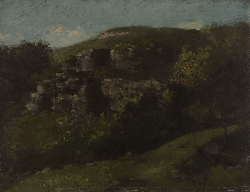 Rochers À Ornans de Gustave Courbet, óleo sobre tela que retrata rochas rugosas e natureza.