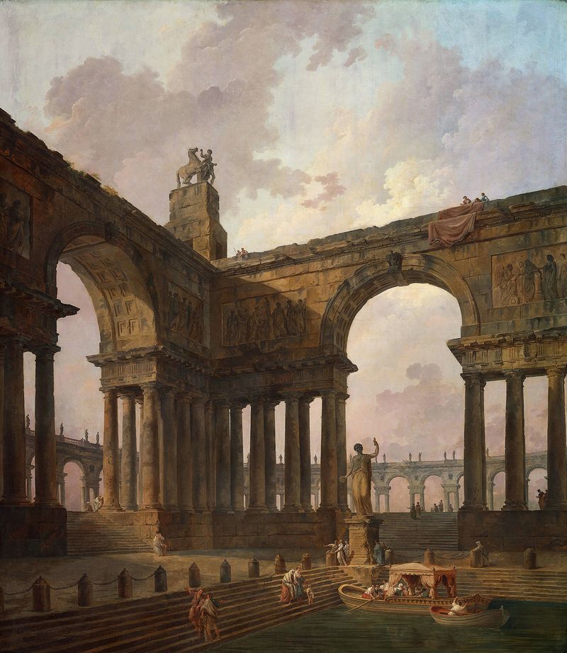 O Local de Aterragem de Hubert Robert, óleo sobre tela que retrata um pequeno barco se aproximando de uma costa tranquila.