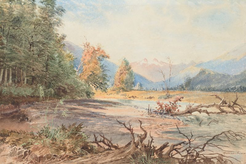 Upukerora River de Nicholas Chevalier, óleo sobre lienzo que representa un río fluyendo a través de un paisaje natural.