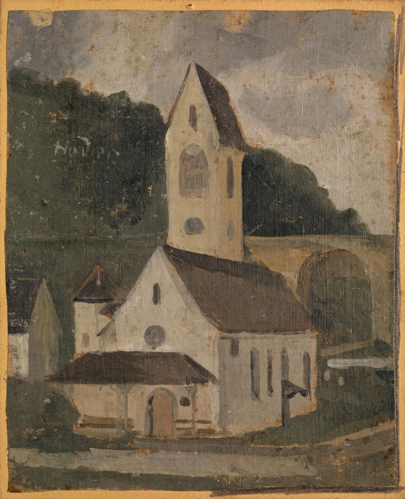 The Church of Rümlingen by Ferdinand Hodler, oil on canvas, featuring gnarled trees and a somber sky.