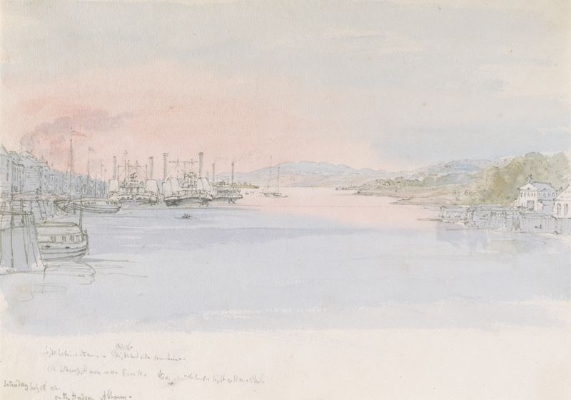 The Hudson River at Albany, oil on canvas by Michael Seymour, depicting a tranquil river at twilight.