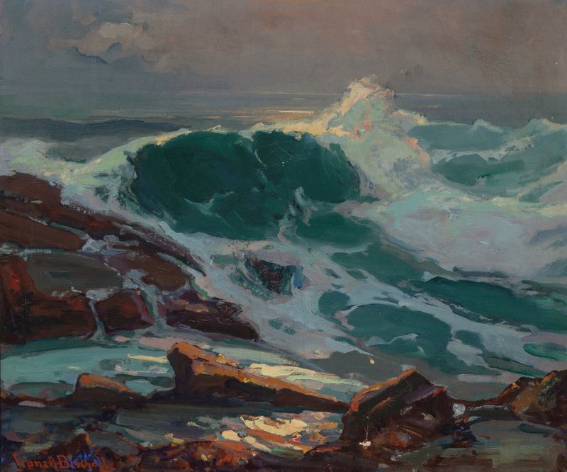 Marine scene depicting a tumultuous wave in oil by Franz Bischoff